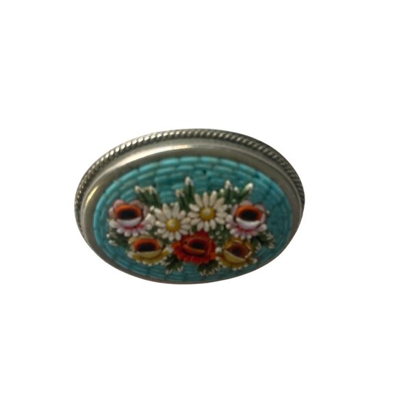 Vintage Micro Mosaic Floral Oval Brooch Pin Blue Silver Tone Setting Feminine - Picture 3 of 7